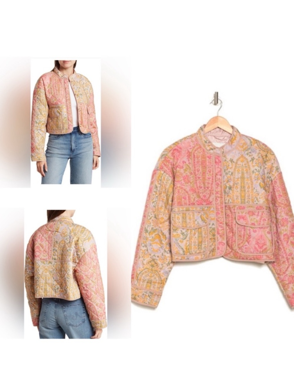 7 For All Mankind Quilted Paisley Bomber Jacket - Pink & Gold